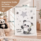 Weiße Panda-Kinderdecke mit Größenangabe 75 × 100 cm
