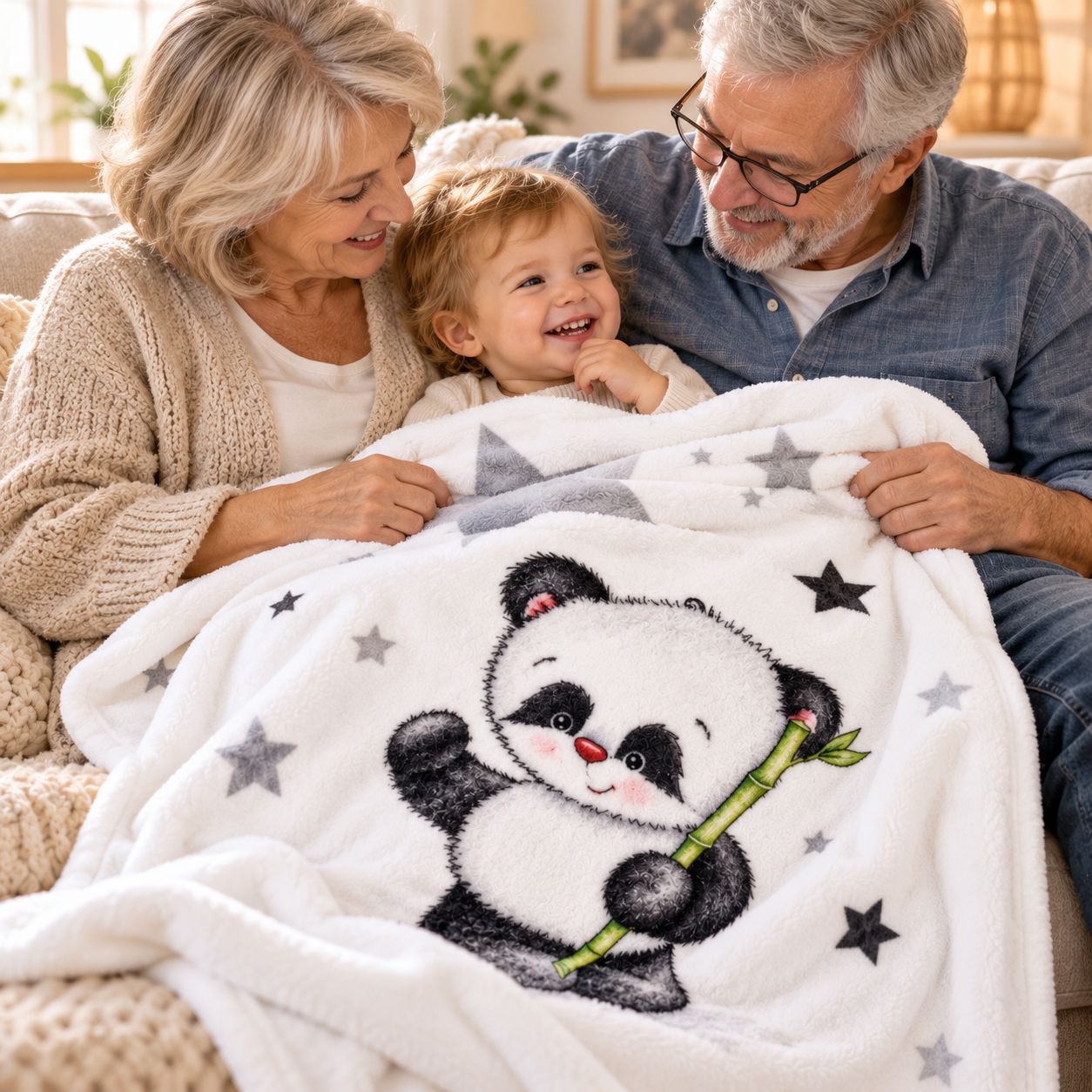 Oma und Opa kuscheln mit ihrem Enkelkind unter einer weißen Panda-Kinderdecke