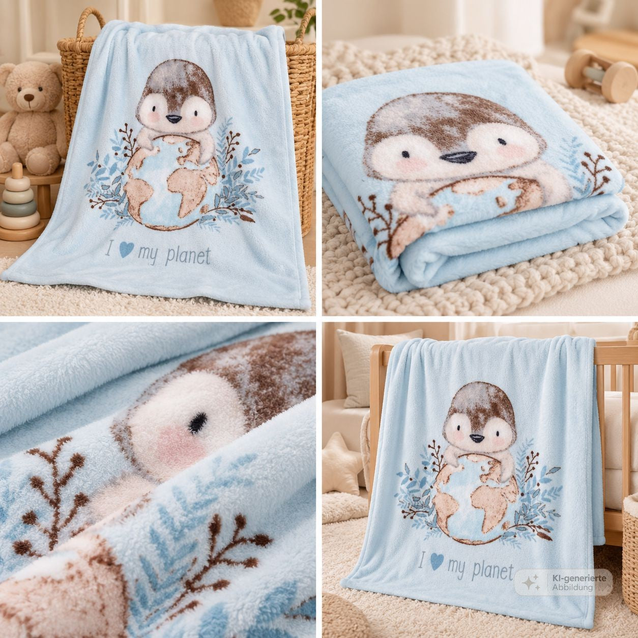 Hellblaue Babydecke mit Pinguinmotiv in verschiedenen Ansichten und Detailaufnahme des Flauschmaterials
