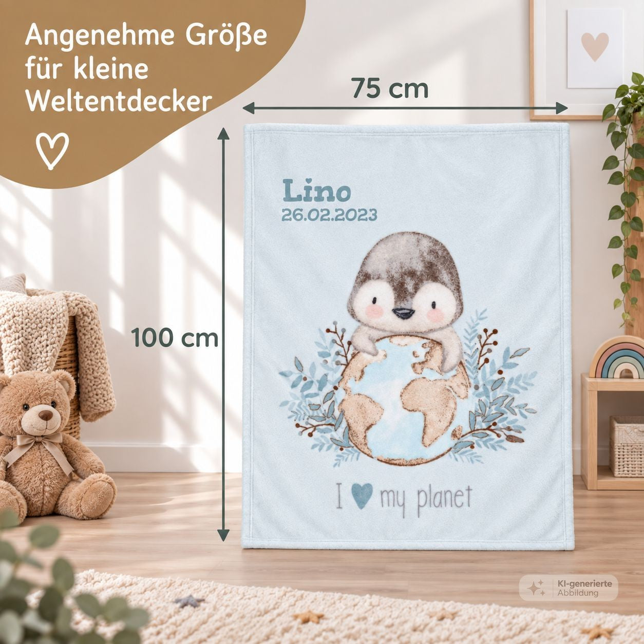 Hellblaue Babydecke mit Pinguinmotiv und Größenangabe 75 x 100 cm