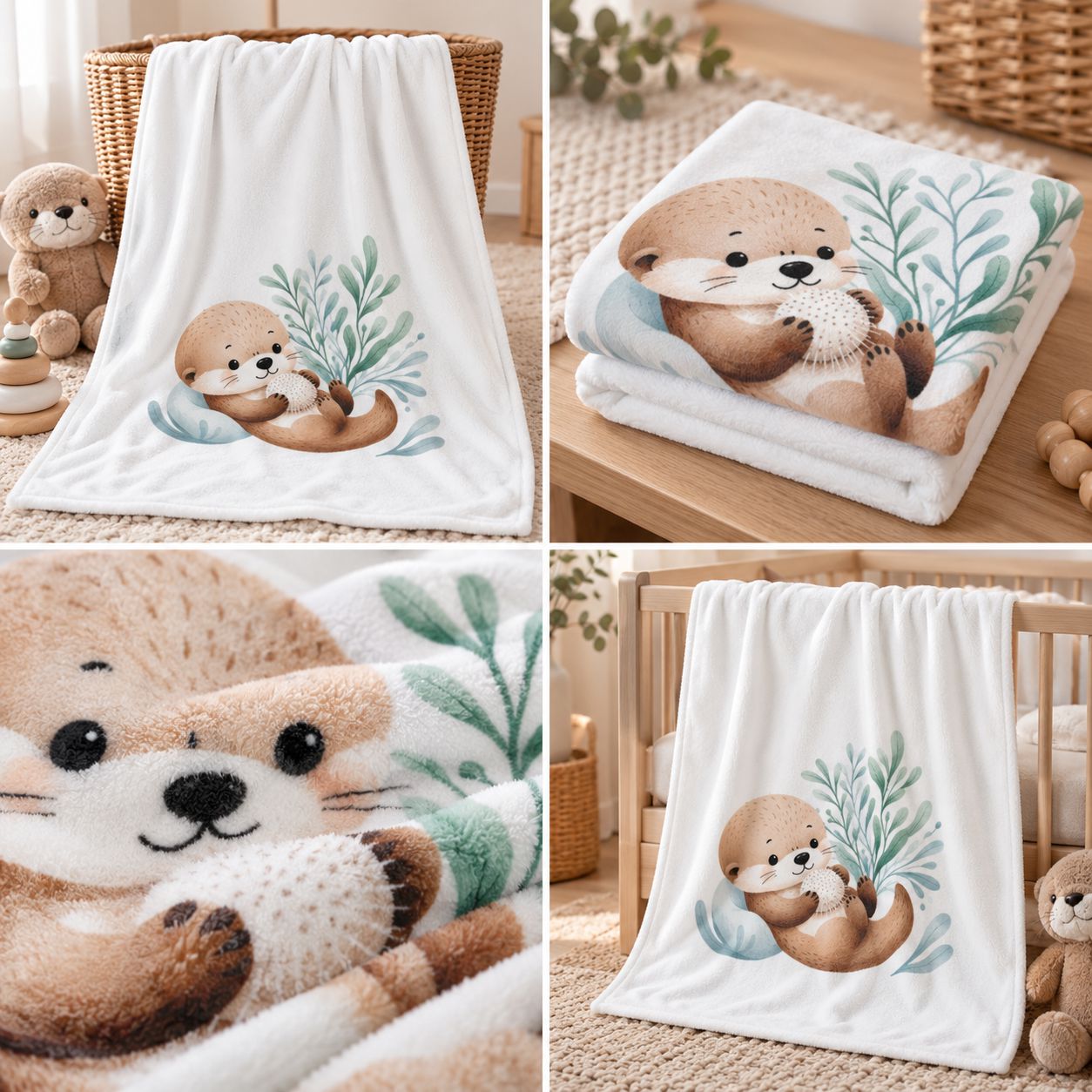 Babydecke mit Schnuffel-Otter-Motiv in mehreren Detailansichten
