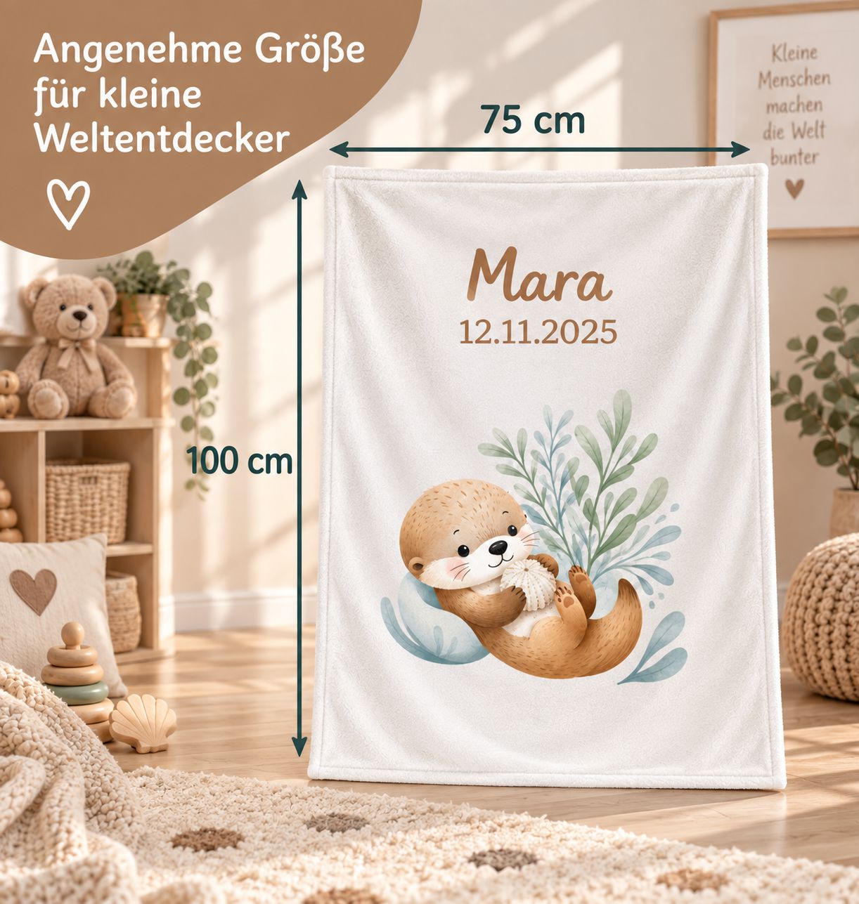 Größenansicht der Babydecke mit 75 × 100 cm