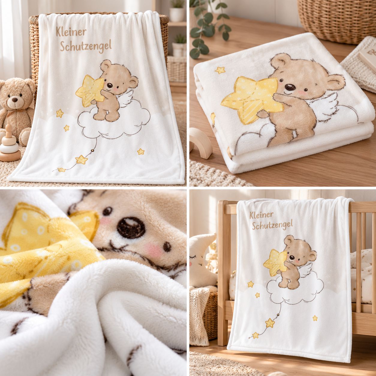 Schutzengel-Babydecke mit Teddy-Motiv und weicher Flauschstruktur