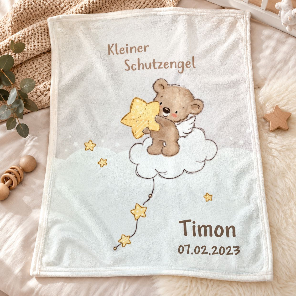 Personalisierte Babydecke Kleiner Schutzengel mit Name und Geburtsdatum