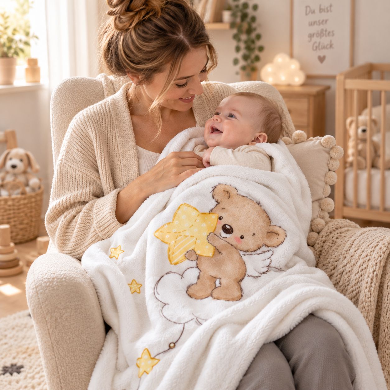 Mutter mit Baby und kuscheliger Schutzengel-Babydecke im Kinderzimmer