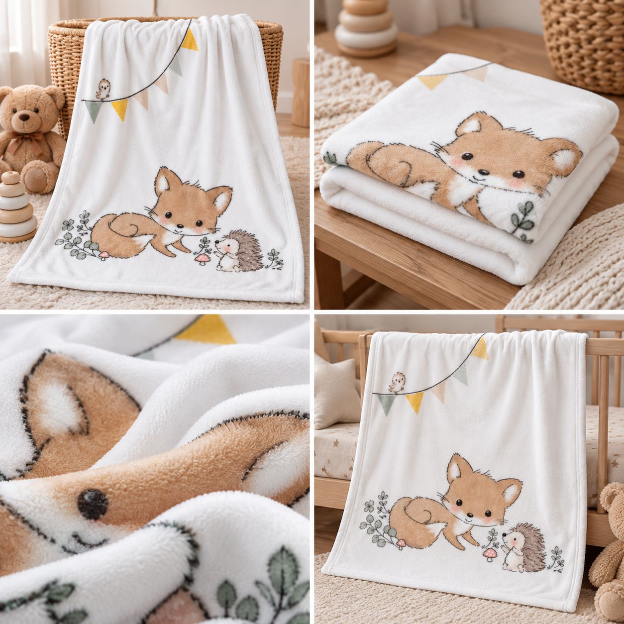 Weiße Waldfreunde Babydecke mit Fuchs und Igel in verschiedenen Detailansichten