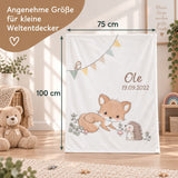 Personalisierte Waldfreunde Babydecke mit Fuchs und Igel in 75 x 100 cm