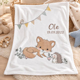 Personalisierte Waldfreunde Babydecke mit Fuchs und Igel sowie Name und Datum
