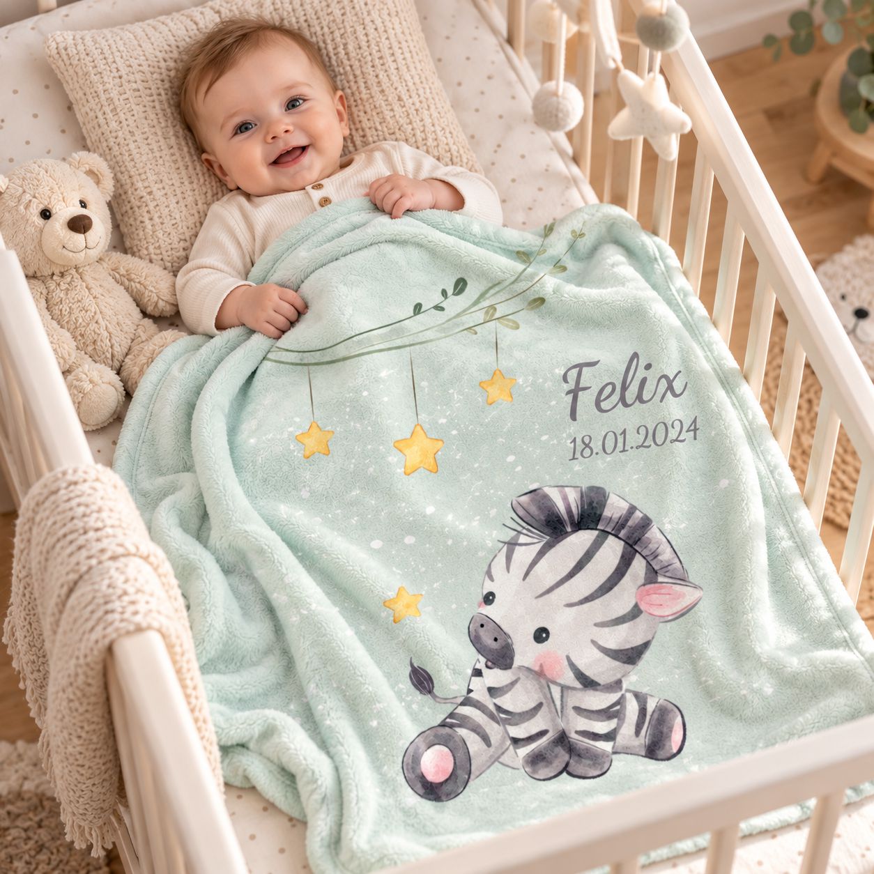 Personalisierte mintgrüne Babydecke mit Namen Felix und Zebramotiv, gemütlich im Babybett mit Baby.