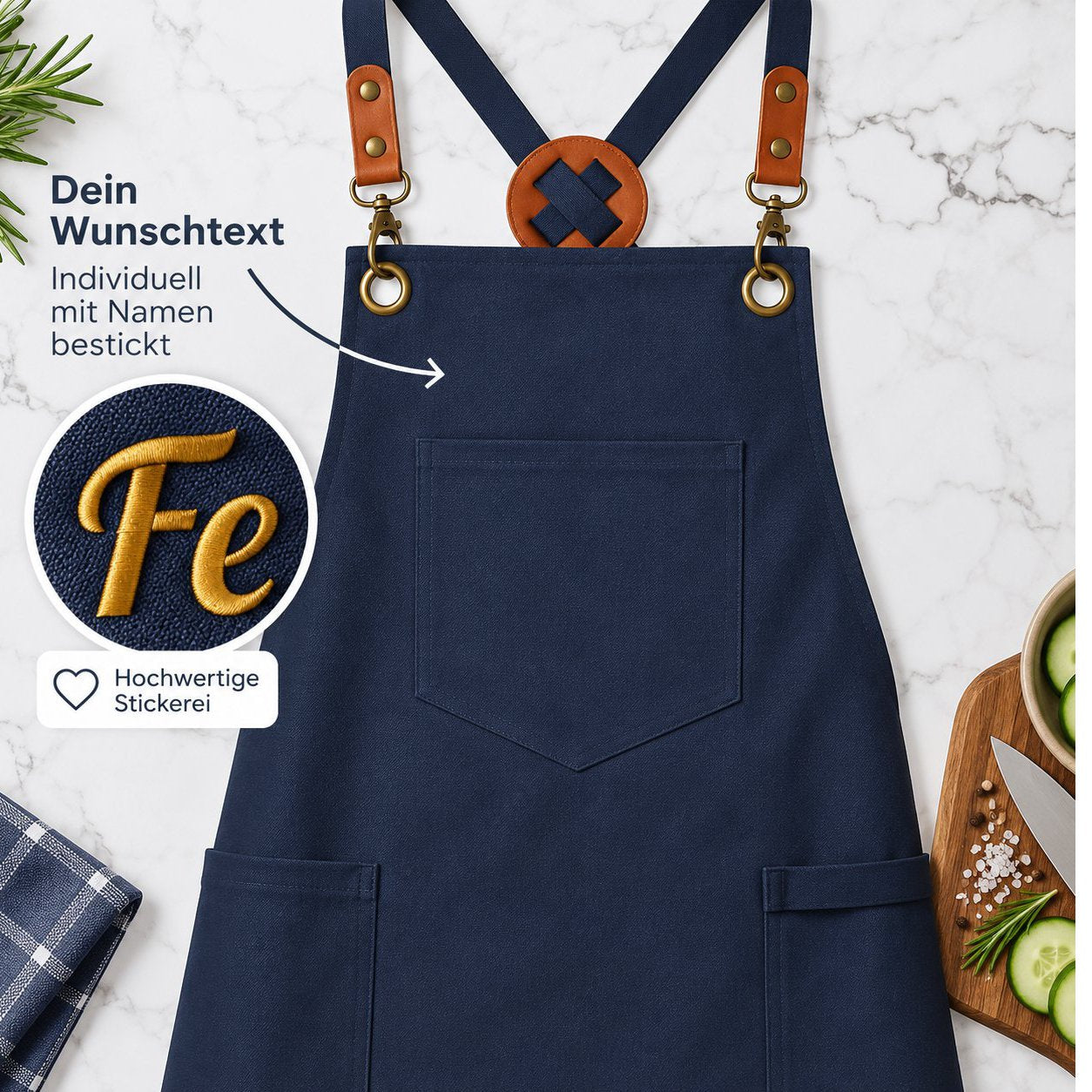 Wolimbo Kurze Schürze mit Namen bestickt 68x77cm UNISEX