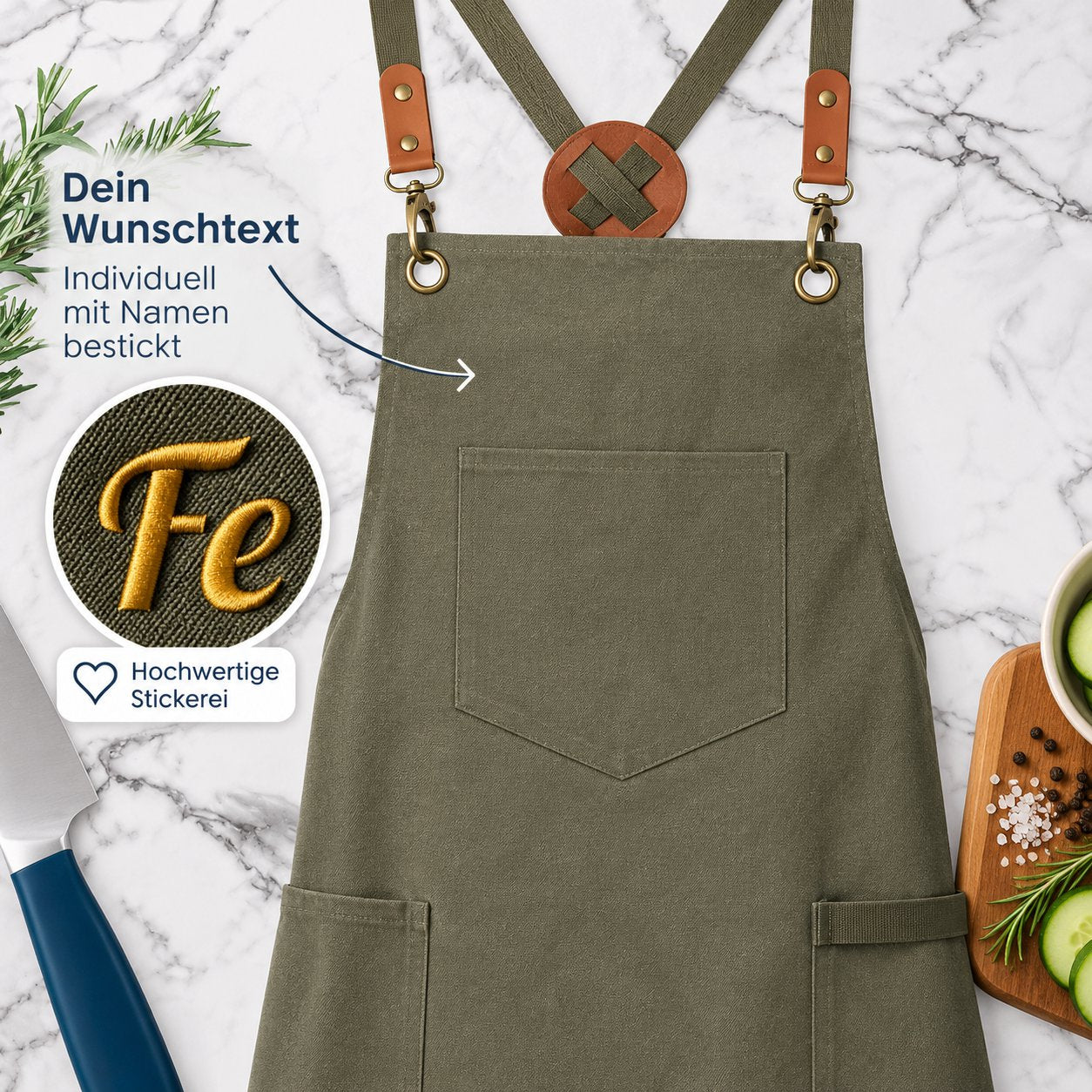 Vorlage für Canvas Kochschürze blanko in olive mit karabiner haken