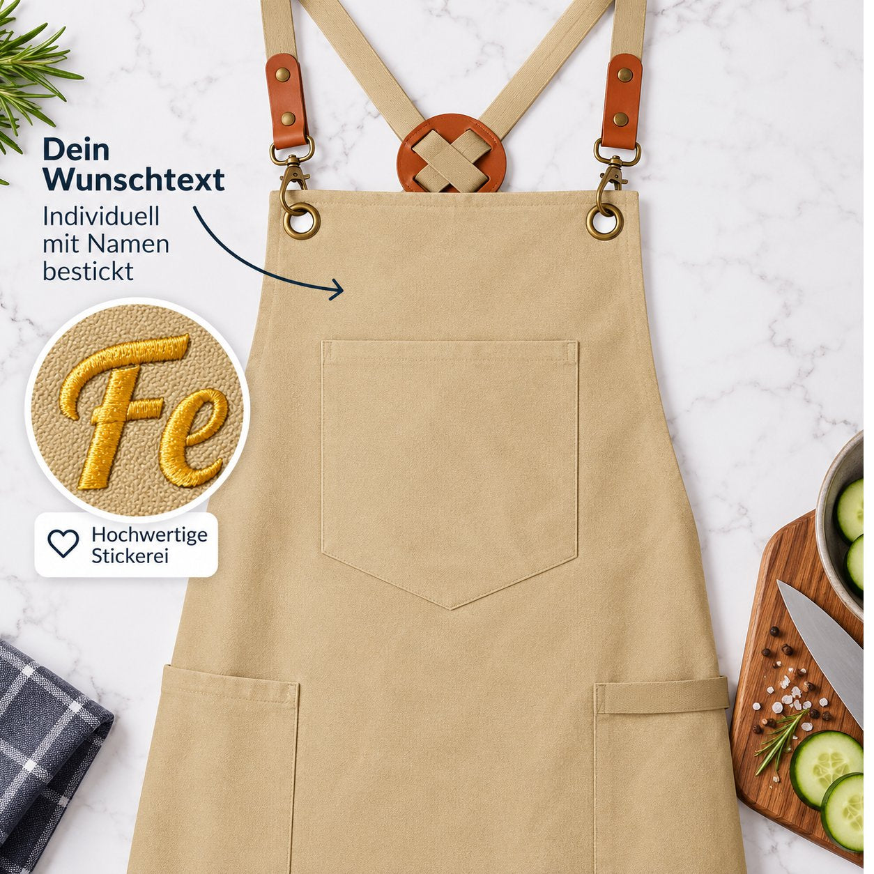 Vorlage für Canvas Kochschürze blanko in sand mit Karabiner Haken