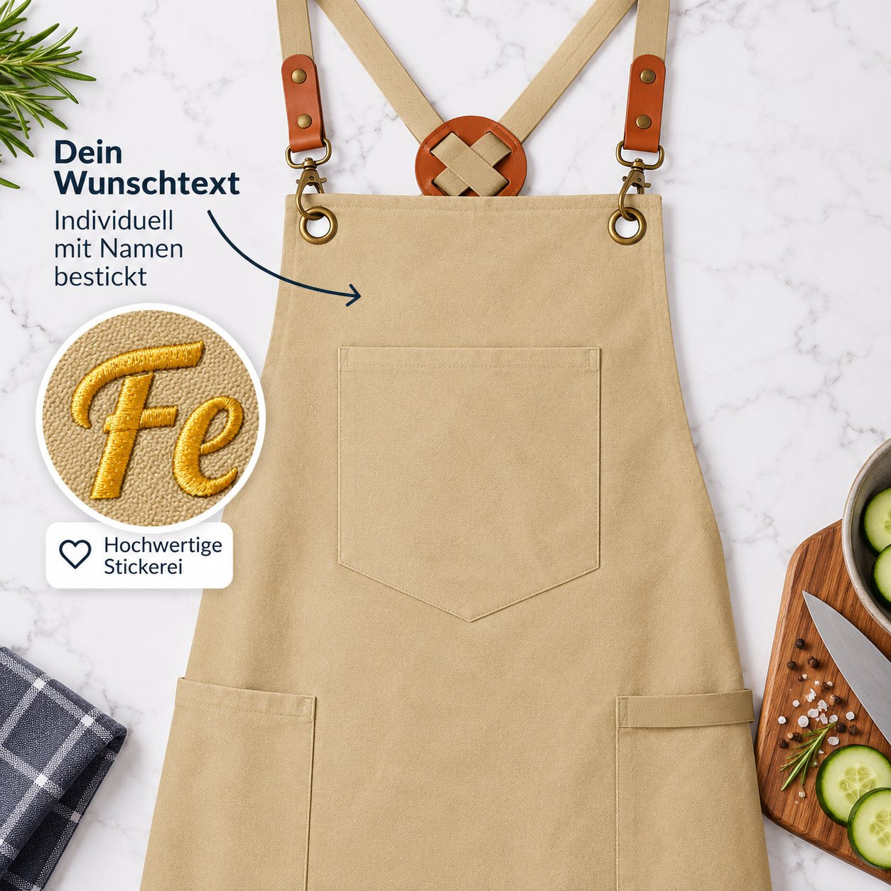 Vorlage für Canvas Kochschürze blanko in sand mit karabiner haken