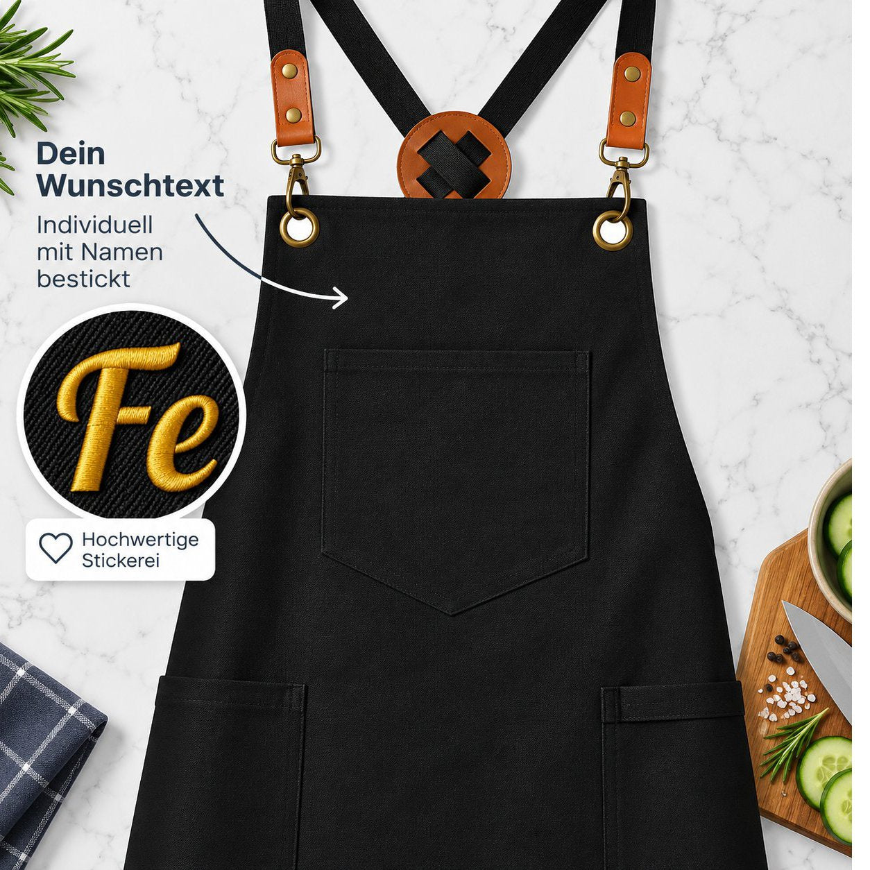 Wolimbo Kurze Schürze mit Namen bestickt 68x77cm UNISEX