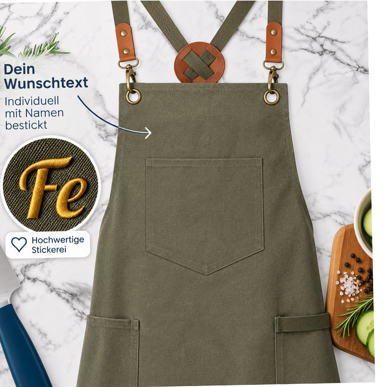 Wolimbo Kurze Schürze mit Namen bestickt 68x77cm UNISEX