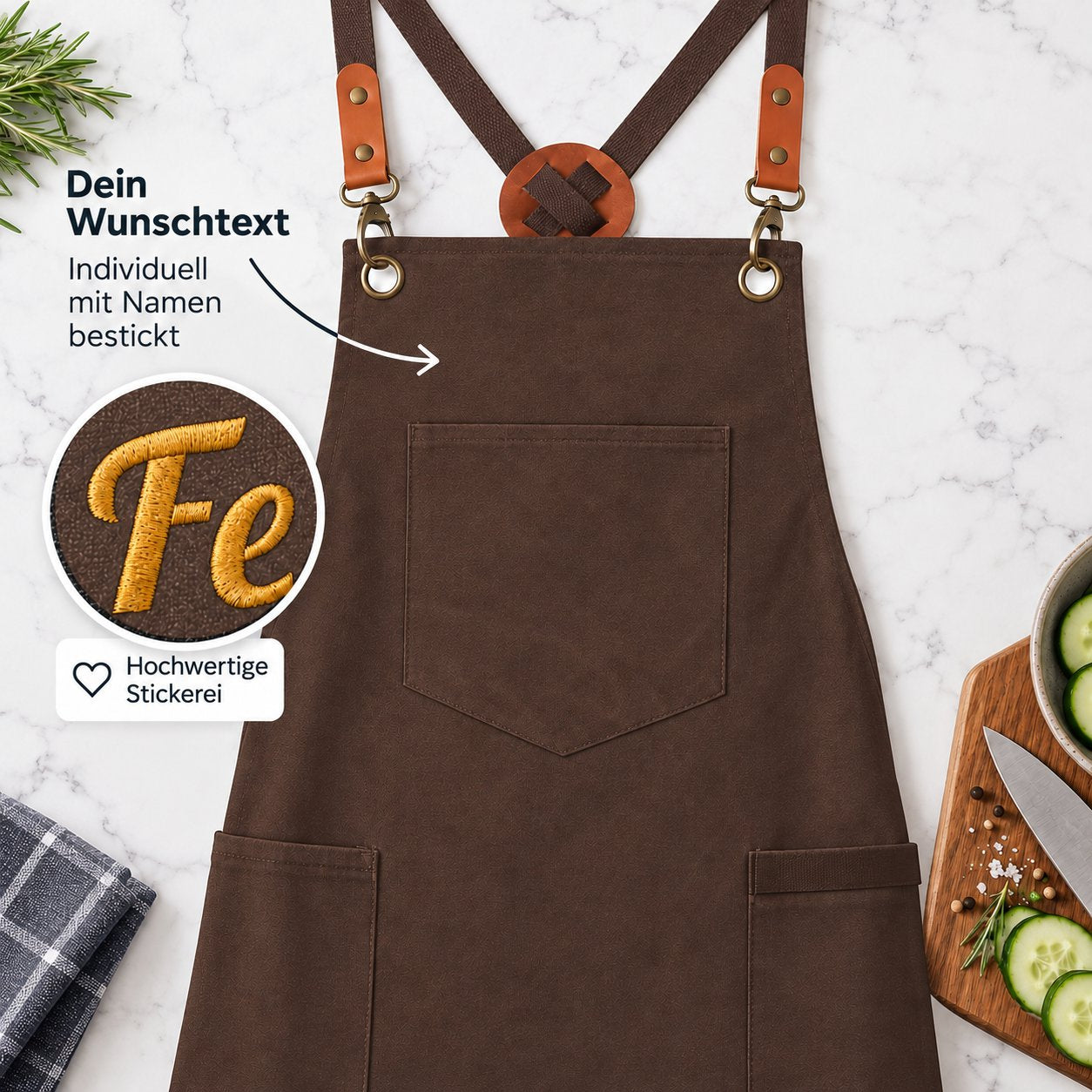 Vorlage für Canvas Kochschürze blanko in toffee-braun mit karabiner haken