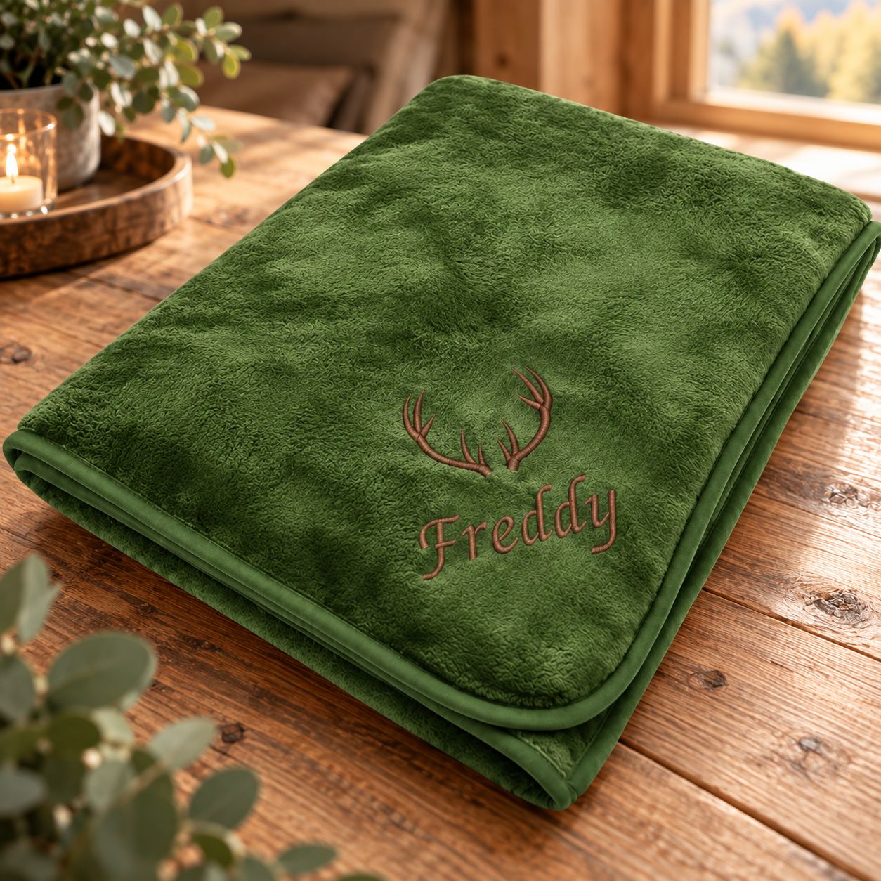 Grüne Kuscheldecke mit Geweih und Wunschname bestickt