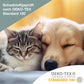 Hund und Katze verschmust auf Sofa und Logo auf Schadstoffe geprüft