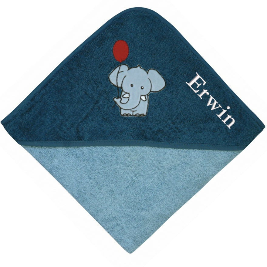 Kapuze des dunkelblauen Kapuzenhandtuchs mit Elefant und gesticktem Namen