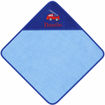 Hellblaues Kapuzenhandtuch mit dunkelblauer Kapuze, Feuerwehrmotiv und gesticktem Namen