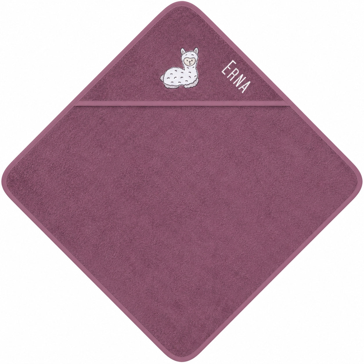 Kapuzenhandtuch in Mauve mit Lamamotiv und Namensstickerei vollständig ausgebreitet