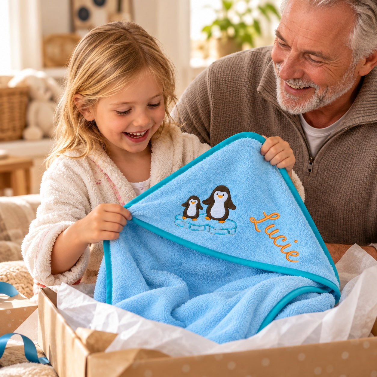 Kind und Großvater beim Auspacken des blauen Kapuzenhandtuchs mit Pinguinmotiv und Namen Lucie