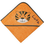 Detail der Kapuze des orangefarbenen Kapuzenhandtuchs mit Tigermotiv und gesticktem Namen Lutz