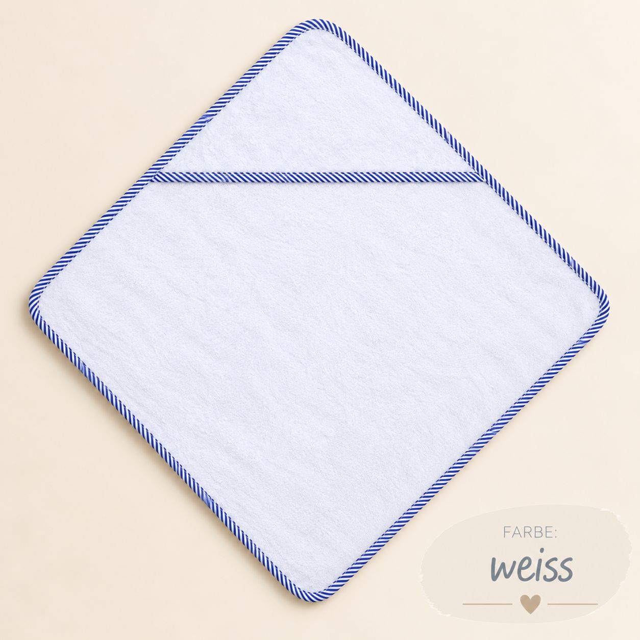 Kapuzenhandtuch komplett ausgebreitet in Variante weiss-blau