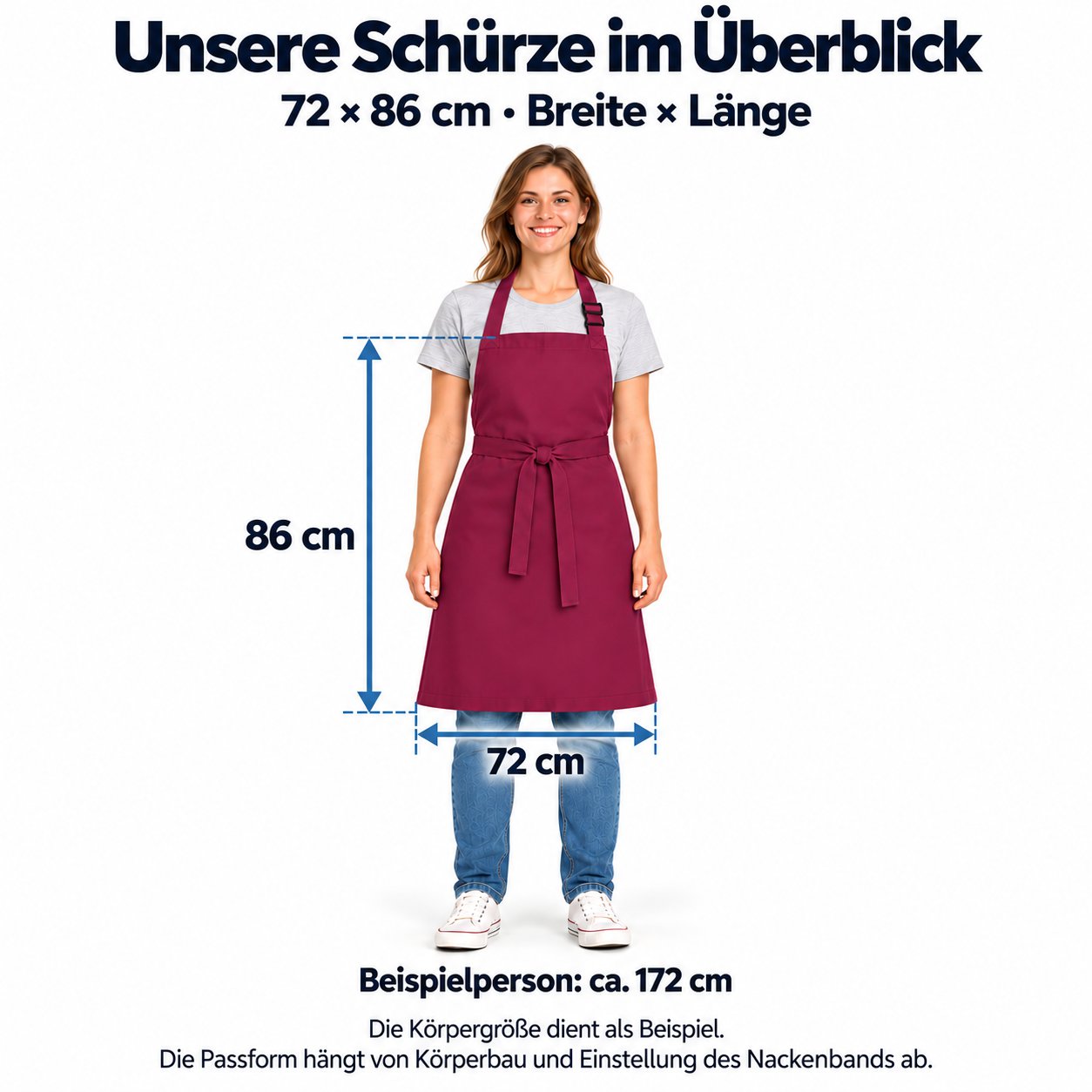 Kochschürze mit Größenangaben 72 cm Breite und 86 cm Länge an einer Person