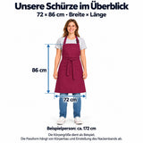 Kochschürze mit Größenangaben 72 cm Breite und 86 cm Länge an einer Person