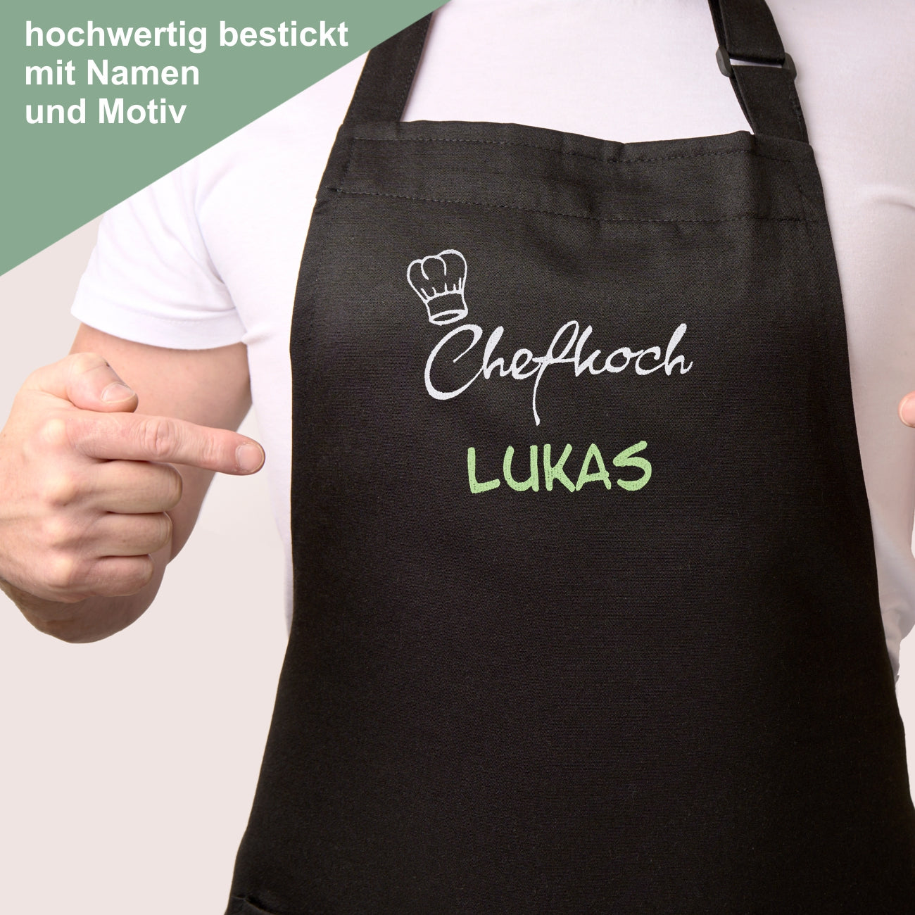 Kochschürze Grillschürze mit Namen und Motiv bestickt – wolimbo