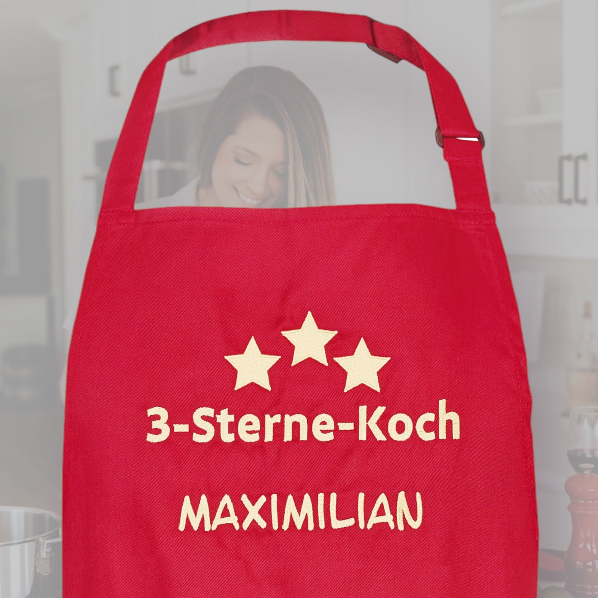 Beispiel rote Kochschürze mit Motiv und Name