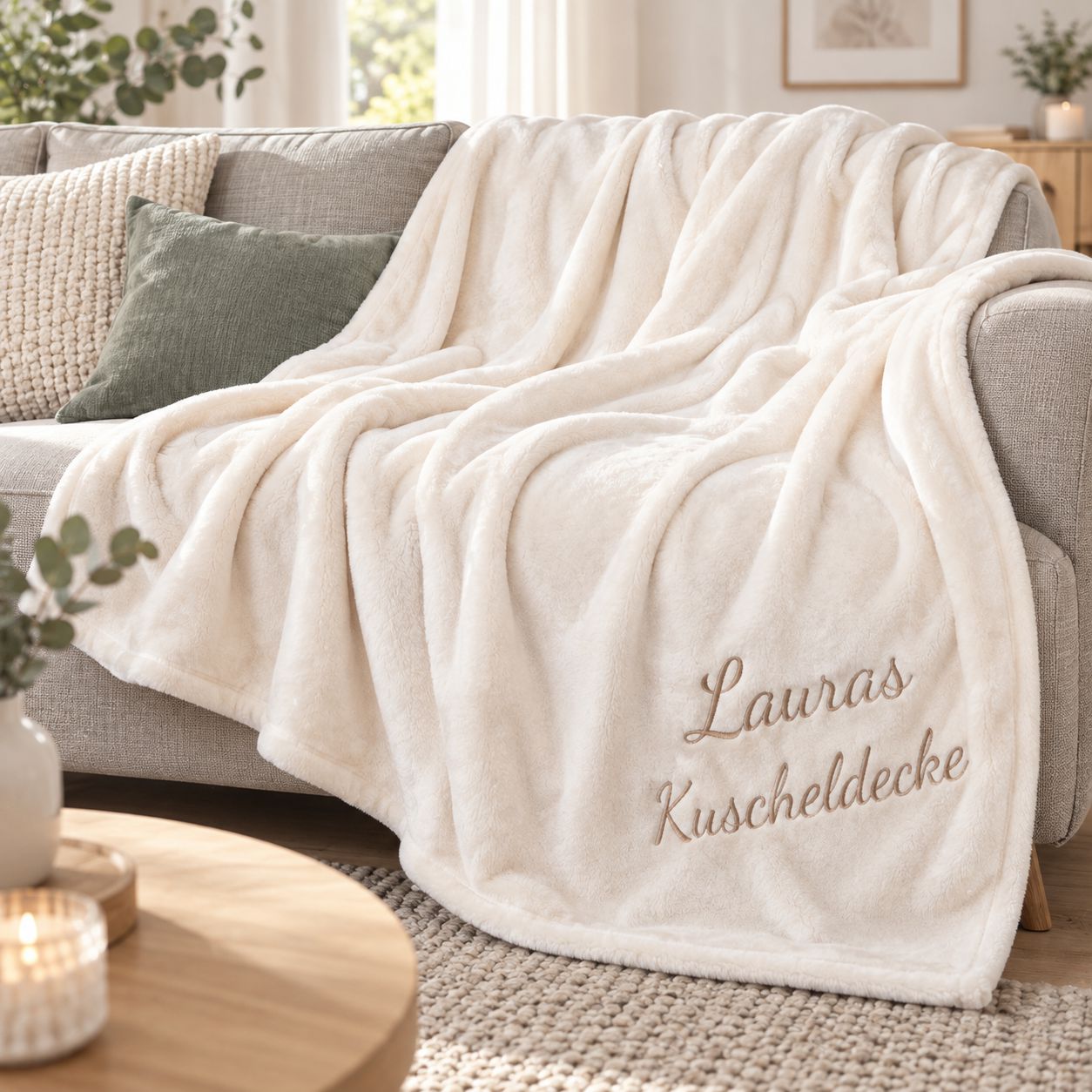 Personalisierte Wohndecke mit Namen in 150 × 200 cm auf einem Sofa