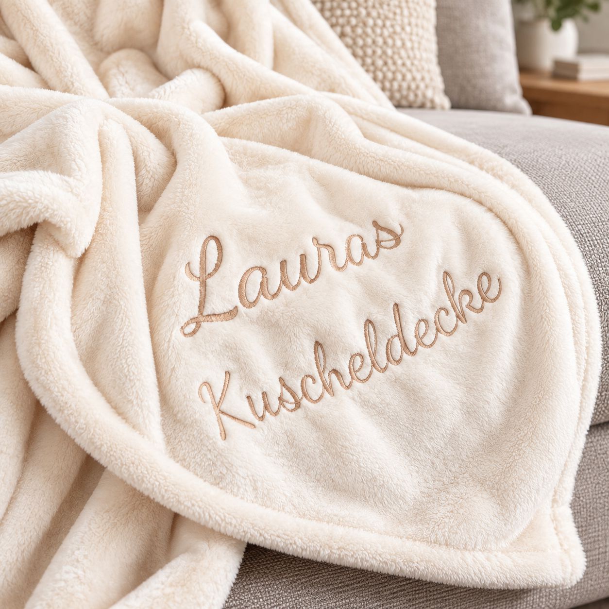 Detail der bestickten Wohndecke mit individuellem Wunschtext