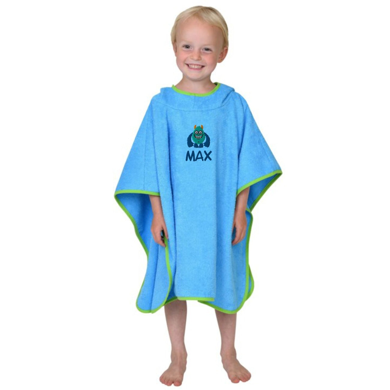 Poncho für Kinder türkis-grün mit Namen und Motiv bestickt