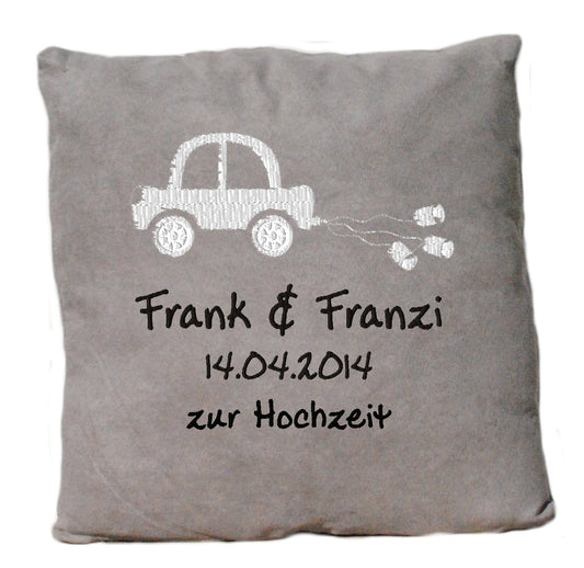 Kissen grau mit Beispiel-Bestickung