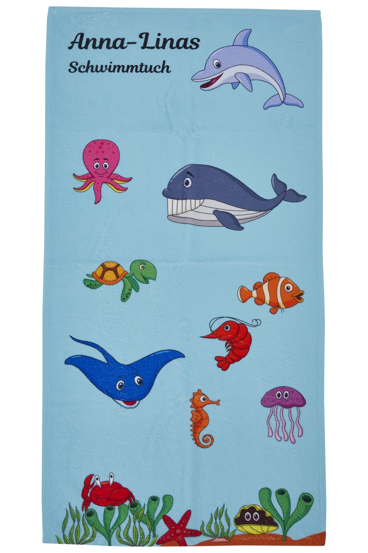 Wolimbo WSD Handtuch mit Namen Motiv Unterwasserwelt türkis