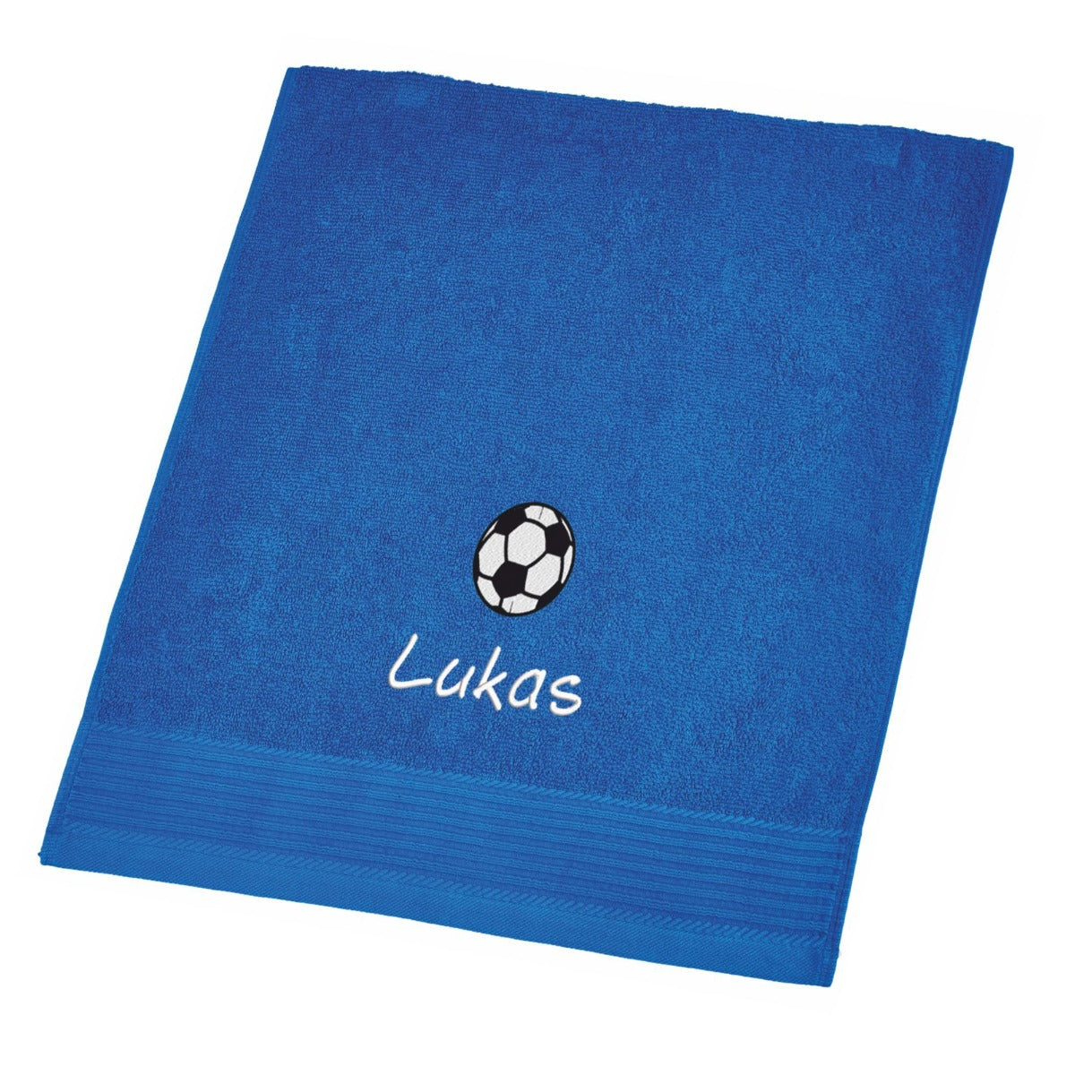 Beispiel Handtuch mit Fußball Motiv und Namen bestickt von Wolimbo