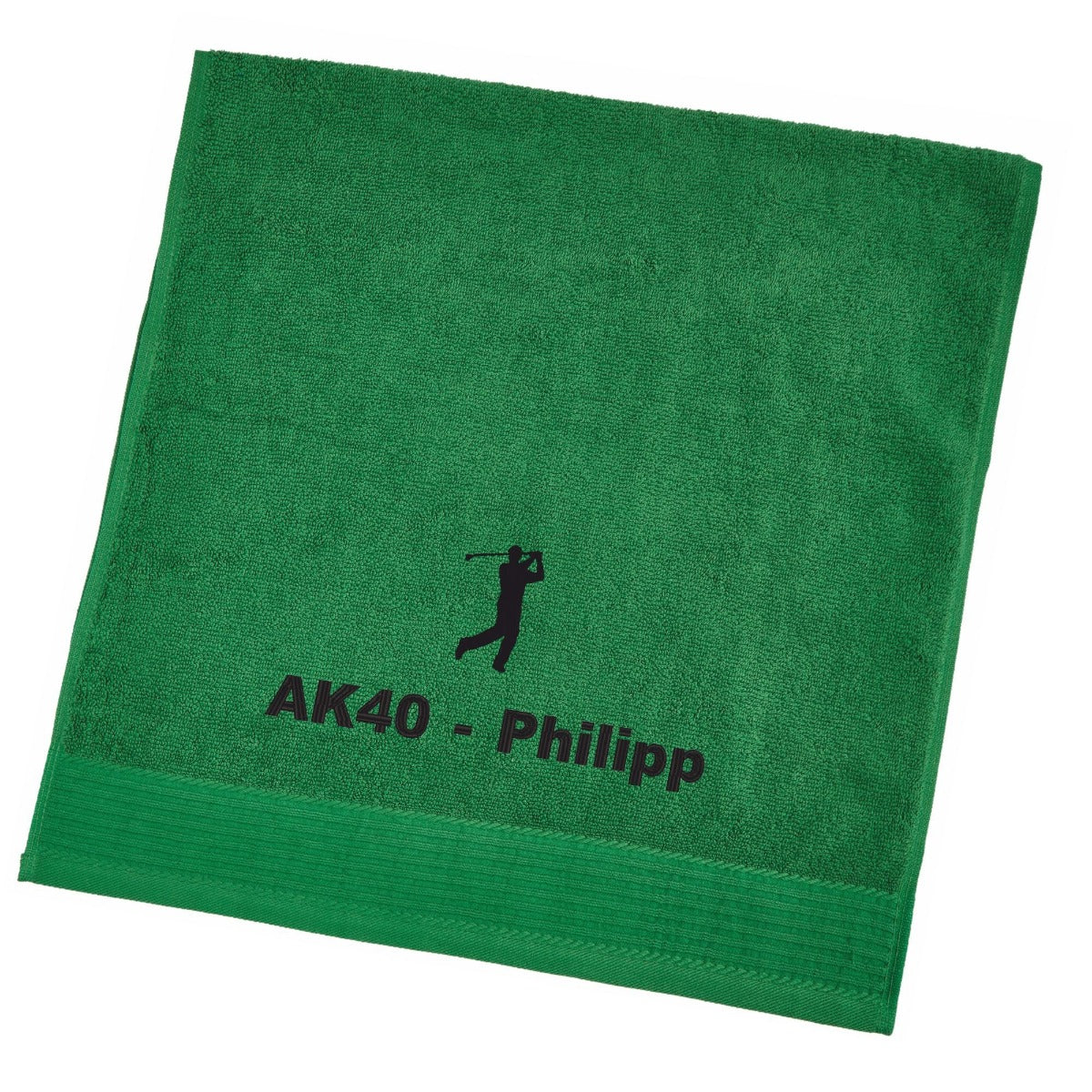 grünes Handtuch mit Golf Motiv und Namen bestickt
