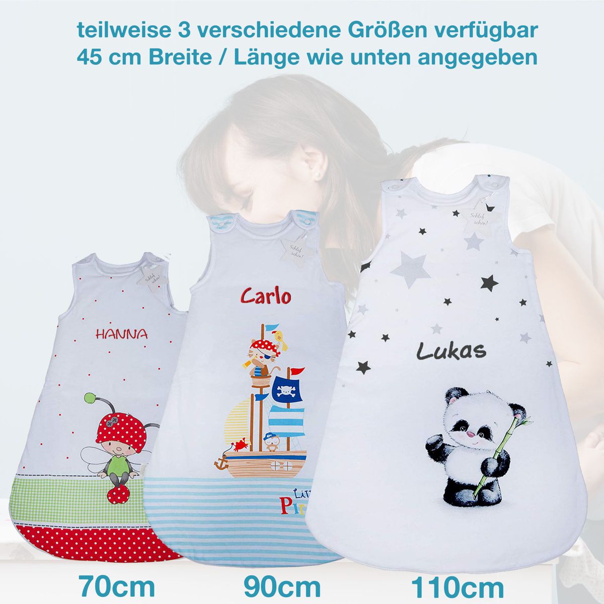 Schlafsäcke Größenvergleich mit Namen