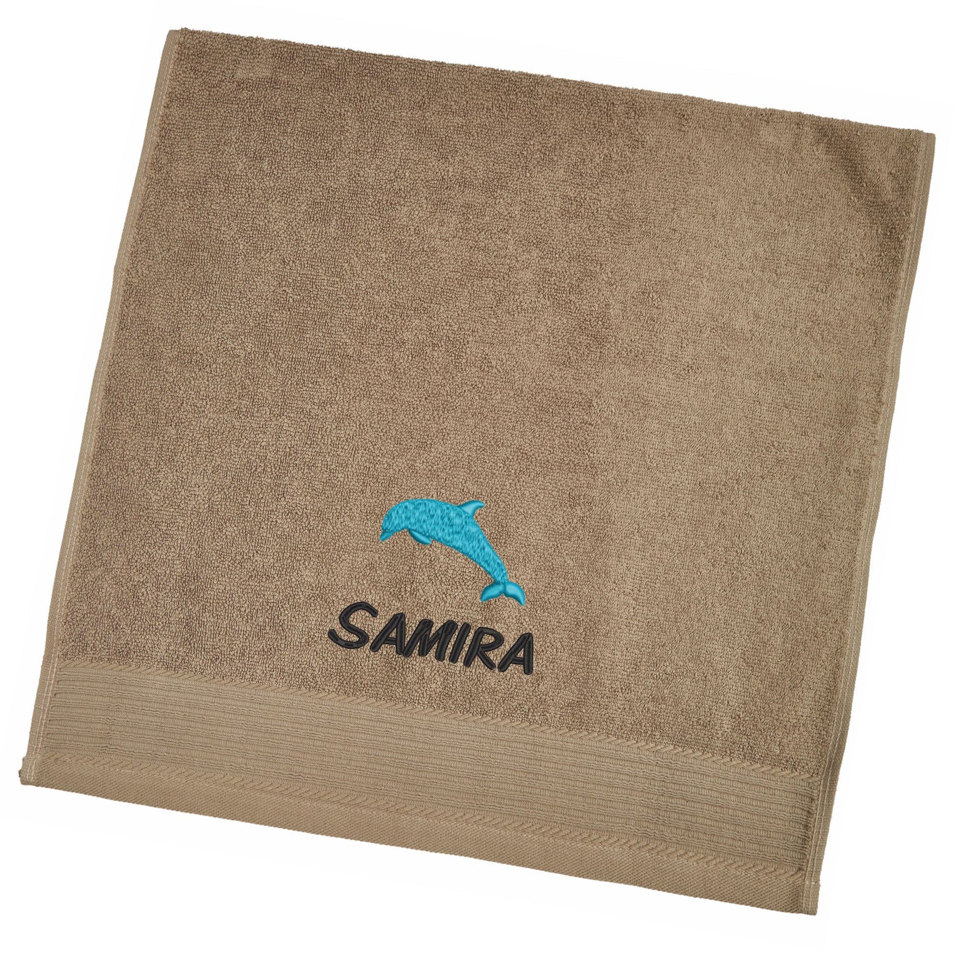 Beispiel Taupe Handtuch mit Namen und Motiv bestickt